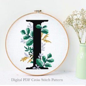 Letter I floral Modern Cross Stitch Pattern, flower counted cross stitch, nature, hoop, Instant download PDF