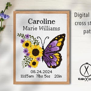 Anúncio de nascimento moderno padrão de ponto cruz, bebê, personalizado, decoração de berçário menino menina, contado, gráfico, presente DIY, PDF digital