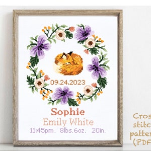 Anúncio de nascimento moderno padrão de ponto cruz, bebê, personalizado, decoração de berçário menino menina, contado, gráfico, presente DIY, PDF digital
