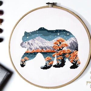 Bear Cross Stitch Pattern, landscape cross stitch chart, animals ,forest, mountains, lake, embroidery, instant PDF