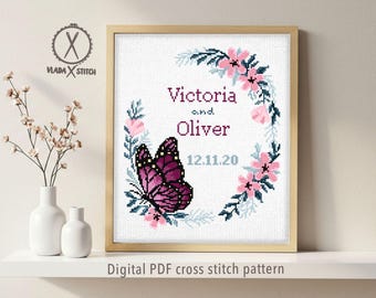 Patrón personalizado de punto de cruz de mariposa, patrón PDF personalizado de corona floral