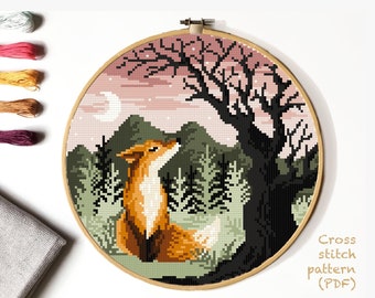 Fox Modern Cross Stitch Pattern, easy counted cross stitch chart, animal cross stitch, nature, hoop art, instant download PDF