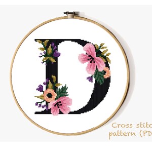 Patrón de punto de cruz moderno floral con letra D, gráfico de punto de cruz contado de flores, botánico, naturaleza, bastidor, descarga instantánea en PDF