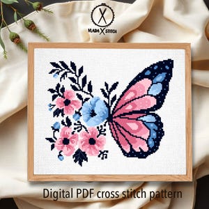 Butterfly and Flowers Cross Stitch Pattern, Modern Floral Embroidery Design (PDF Download) image 2