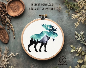 Moose Cross Stitch Pattern, Northern Lights Landscape, DIY Embroidery Design (Digital Download)