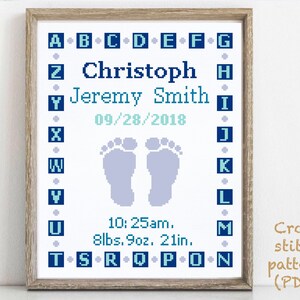 Baby birth announcement modern cross stitch pattern, boy girl nursery decor counted cross stitch chart, baby shower gift DIY, digital PDF
