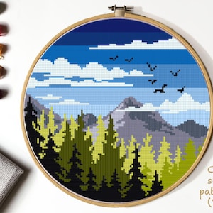 Landscape Modern Cross Stitch Pattern, mountains counted cross stitch chart, forest, nature cross stitch, hoop art, embroidery, instant PDF