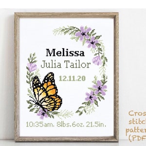 Birth announcement modern cross stitch pattern, baby, personalized, boy girl nursery decor, counted, chart, gift DIY, digital PDF