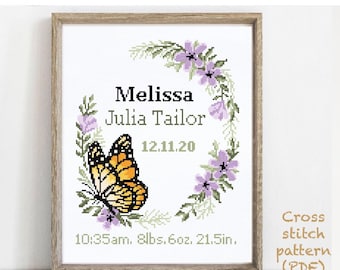 Birth announcement modern cross stitch pattern, baby, personalized, boy girl nursery decor, counted, chart, gift DIY, digital PDF