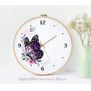 Clock Modern cross stitch pattern, cross stitch butterfly, nature, instant download pdf