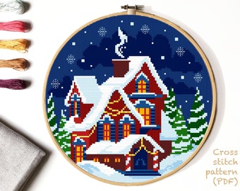 Winter landscape Modern Cross Stitch Pattern, Christmas cross stitch chart, house, snowflakes, forest ,nature, INSTANT DOWNLOAD PDF