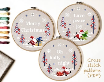 Set of 3 Christmas Santa Modern Cross Stitch Pattern, quote, instant download pdf