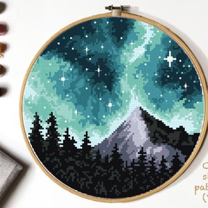 Landscape Modern Cross Stitch Pattern, nature counted cross stitch chart, mountain, forest , round, embroidery, INSTANT DOWNLOAD PDF