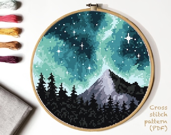 Landscape Modern Cross Stitch Pattern, nature counted cross stitch chart, mountain, forest , round, embroidery, INSTANT DOWNLOAD PDF