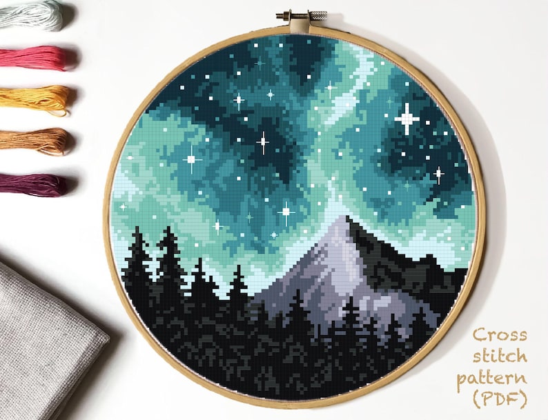 Landscape Modern Cross Stitch Pattern, nature counted cross stitch chart, mountain, forest , round, embroidery, INSTANT DOWNLOAD PDF 