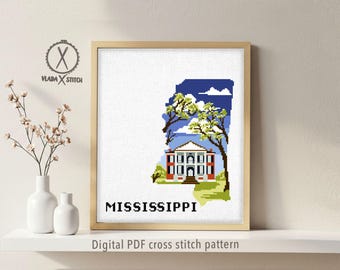 Mississippi State Modern Cross Stitch Pattern, Natchez Park Nature Chart (Instant PDF)