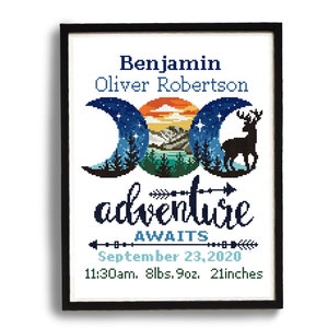 Anúncio de nascimento moderno padrão de ponto cruz, bebê, personalizado, decoração de berçário menino menina, contado, gráfico, presente DIY, PDF digital