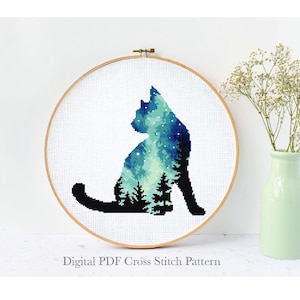 Kat silhouet kruissteekpatroon, dier, nachtlandschap, sterrenhemel, eenvoudig te tellen kruissteekkaart, natuur kruissteek, instant pdf