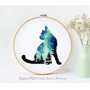 Cat silhouette Cross Stitch Pattern, animal, night landscape, starry sky, easy counted cross  stitch chart, nature cross stitch, instant PDF