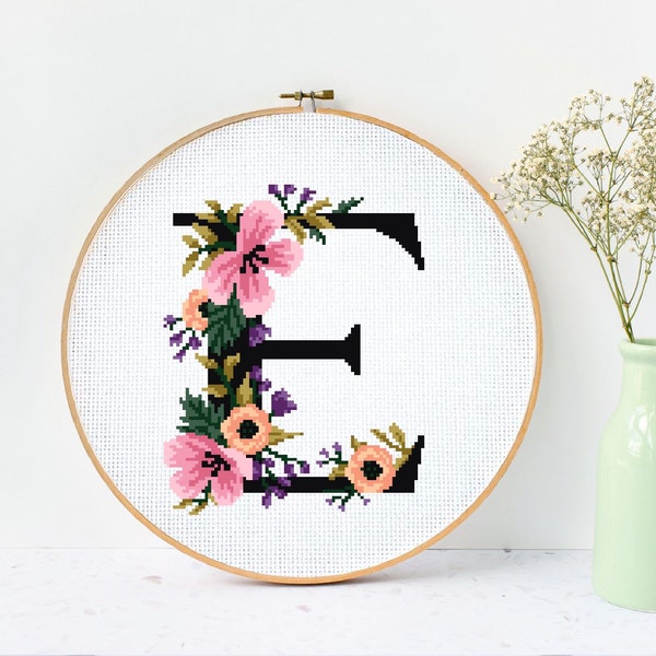 Letter E Floral Modern Cross Stitch Pattern, flower counted cross stitch chart, botanical, nature, hoop, Instant download PDF