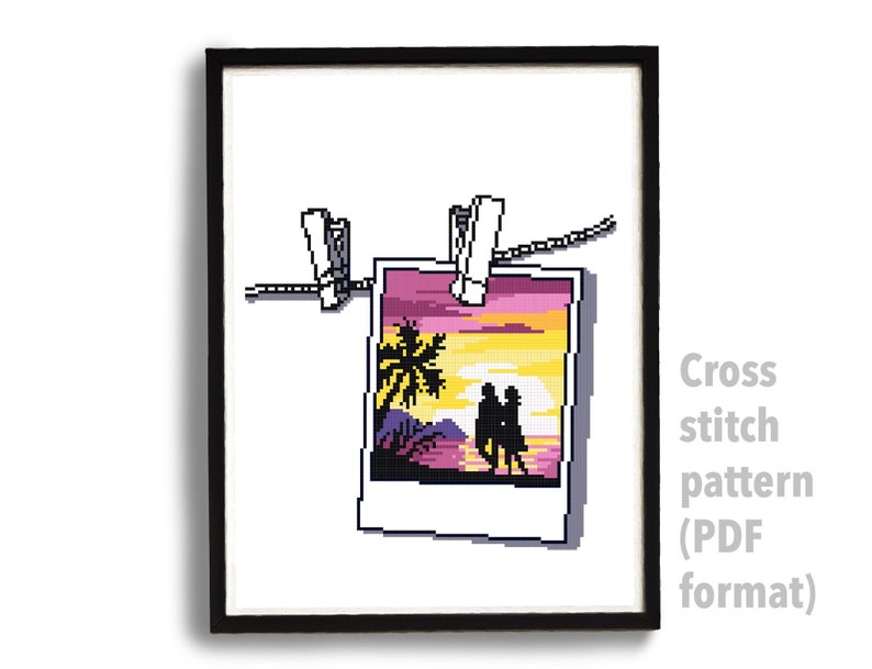 hoop art Photo Landscape Modern Cross Stitch Pattern nature counted cross stitch chart palm sunset beach instant download PDF