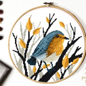 Bird Modern Cross Stitch Pattern, easy counted cross stitch chart, animal cross stitch, nature, hoop art, instant download PDF