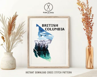 British Columbia Landscape Cross Stitch Pattern, Canada Nature Embroidery (PDF Pattern)