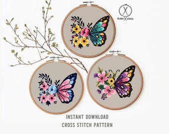 Tableau Broderie Point De Croix Encadré Fait Main - Rose Et Papillon - Occasion