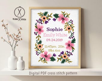 Baby Birth Announcement Cross Stitch Pattern, Floral Nursery Decor (Digital PDF)
