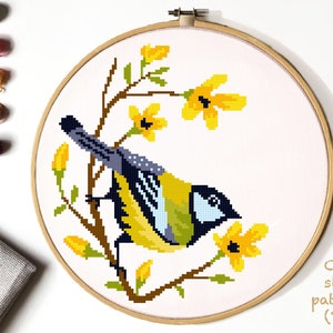 Patrón de punto de cruz moderno de pájaro, gráfico de punto de cruz fácil de contar, punto de cruz de animales, naturaleza, arte de bastidor, bordado, PDF instantáneo