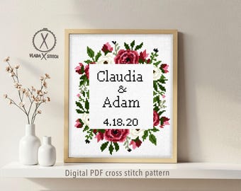 Patrón de punto de cruz para corona floral de boda, DIY personalizado (PDF digital)