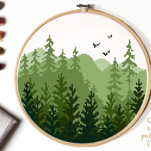 Landschaft, Wald, Wald Kreuzstichmuster, Stickmuster, Stickmuster, Stickerei, Wald, Wald Landschaft, modernes PDF