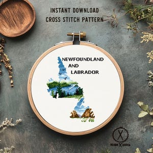Newfoundland and Labrador province Canada Modern Cross Stitch pattern , nature, landscape, mountains, ocean, embroidery, instant PDF