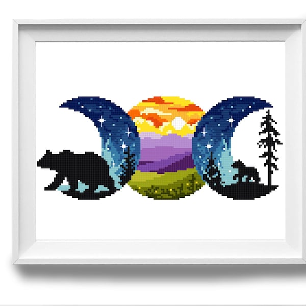 Landscape Modern Cross Stitch Pattern, nature easy counted cross stitch chart, mountain, forest, beer, moon, hoop art, instant download PDF