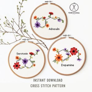 Patrón de punto de cruz floral moderno con hormonas, serotonina, dopamina, adrenalina, flor, atómico, anatomía, ciencia, molécula, descarga instantánea en PDF.