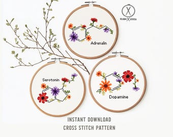 Patrón de punto de cruz floral moderno con hormonas, serotonina, dopamina, adrenalina, flor, atómico, anatomía, ciencia, molécula, descarga instantánea en PDF.
