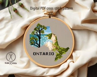 Ontario Canada Cross Stitch Pattern, Lake & Tree Landscape, DIY Needlepoint (Digital PDF Download)