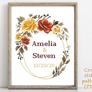 Wedding modern cross stitch pattern, personalized, customized, floral, wreath, counted, love, anniversary, wedding gift DIY, digital PDF