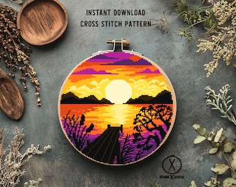 Sunset Landscape Cross Stitch Pattern, Mountain Lake Embroidery (INSTANT DOWNLOAD PDF)