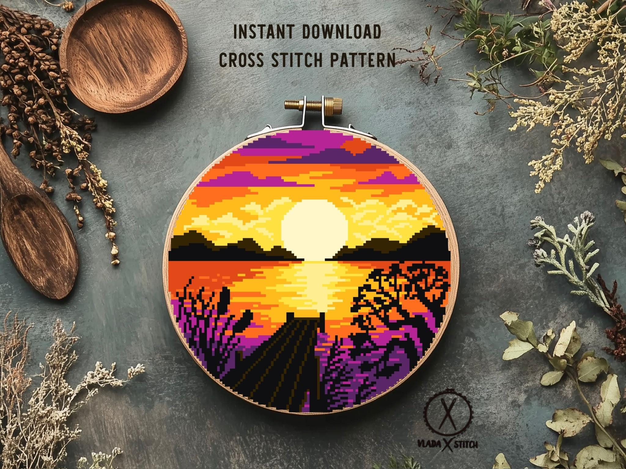 Sunset Landscape Cross Stitch Pattern, Mountain Lake Embroidery