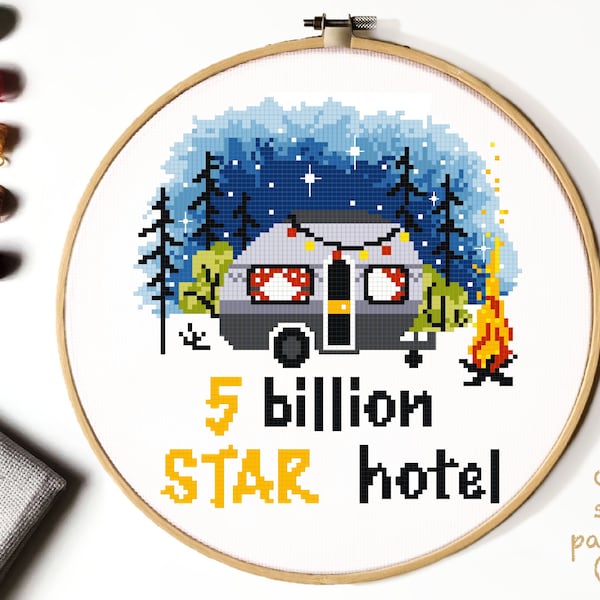 5 billion star hotel quote Modern Cross Stitch Pattern, nature easy counted cross stitch chart, forest, hoop art, instant download PDF