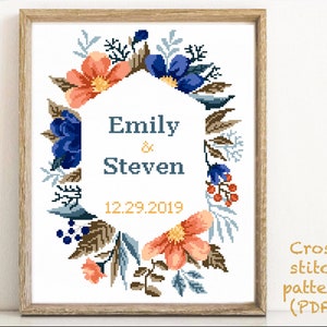 Wedding modern cross stitch pattern, personalized, customized, floral, wreath, counted,  love, anniversary, wedding gift DIY, digital PDF