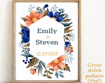 Wedding modern cross stitch pattern, personalized, customized, floral, wreath, counted,  love, anniversary, wedding gift DIY, digital PDF