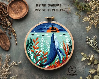 Ocean Modern Cross Stitch Pattern, whale, instant download PDF