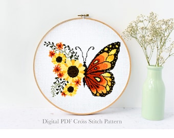 Floral butterfly Modern Cross Stitch Pattern, insect, flower counted cross stitch chart, botanical, nature, hoop, Instant download PDF