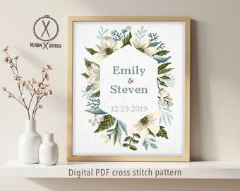 Personalized Wedding Cross Stitch Pattern, Modern Floral Chart (Digital PDF)
