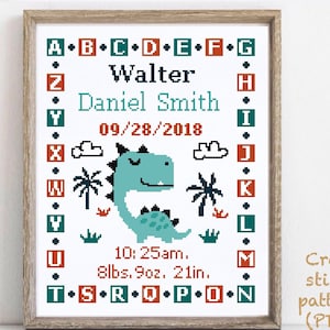 Baby birth announcement modern cross stitch pattern, boy girl nursery decor counted cross stitch chart, baby shower gift DIY, digital PDF