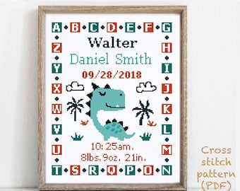 Baby birth announcement modern cross stitch pattern, boy girl nursery decor counted cross stitch chart, baby shower gift DIY, digital PDF