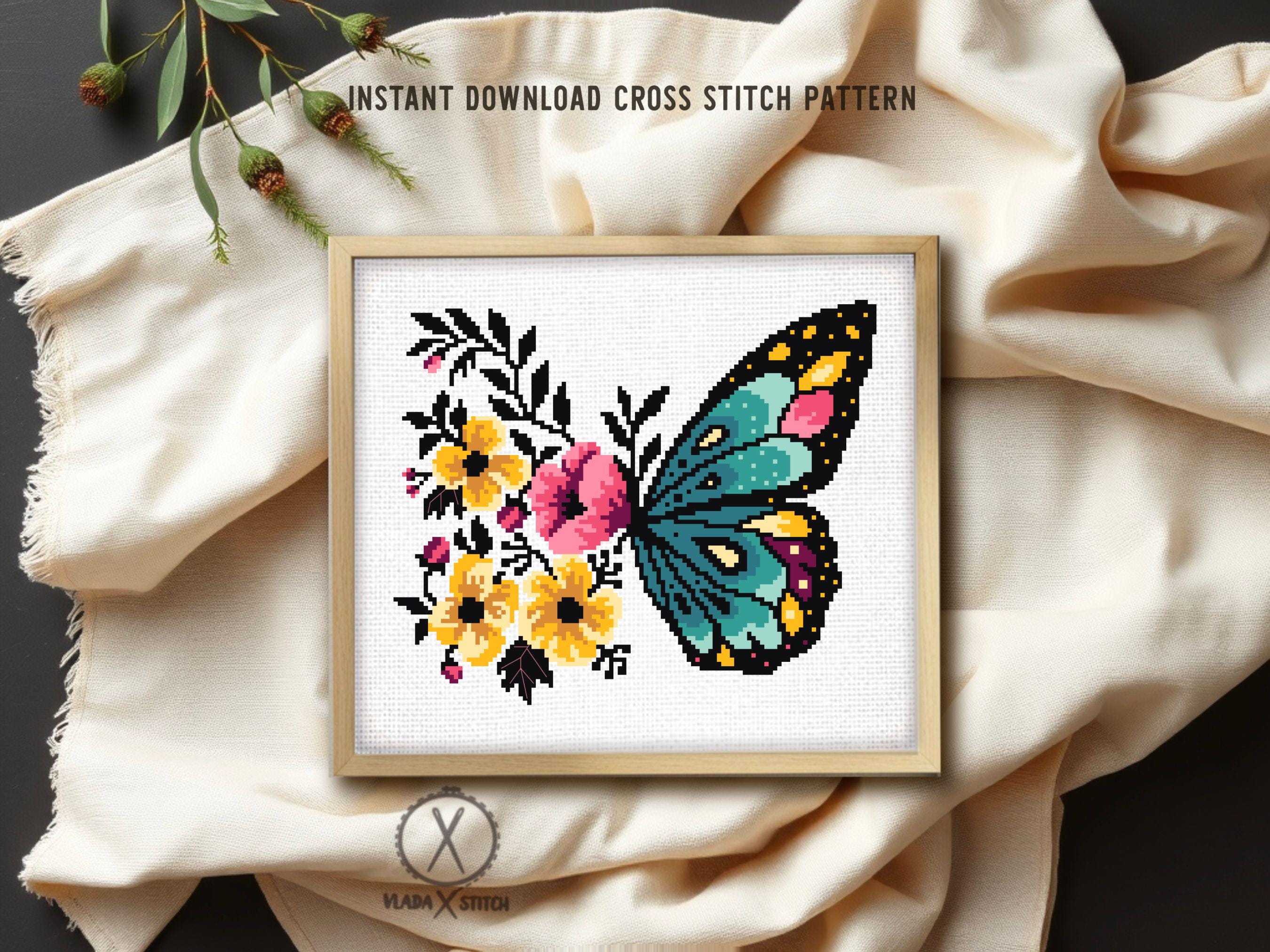 蝶の花の刺繍デザイン、簡単モダンなクロスステッチ、DIYホーム