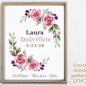 Birth announcement modern cross stitch pattern, baby, personalized, boy girl nursery decor, counted, chart, gift DIY, digital PDF